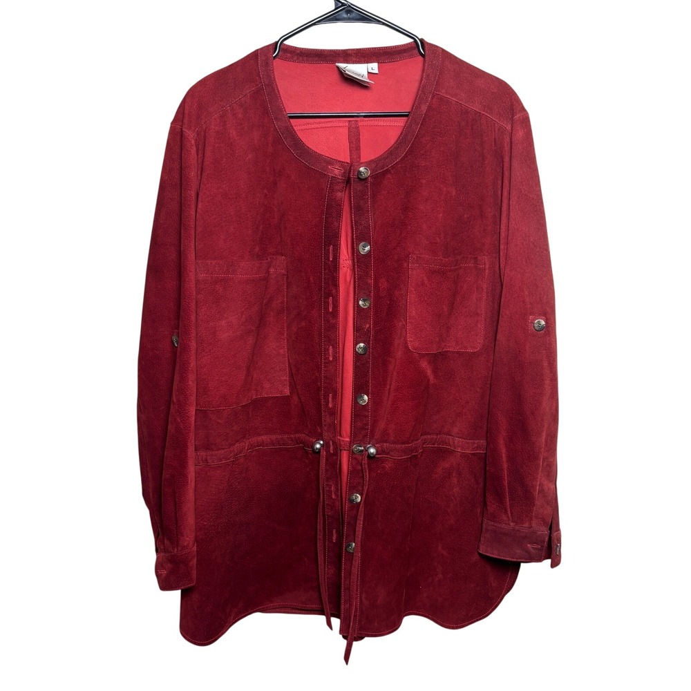 Finley Red Suede Leather Jacket Collarless Cinch Waist Shacket Cardigan Womens L